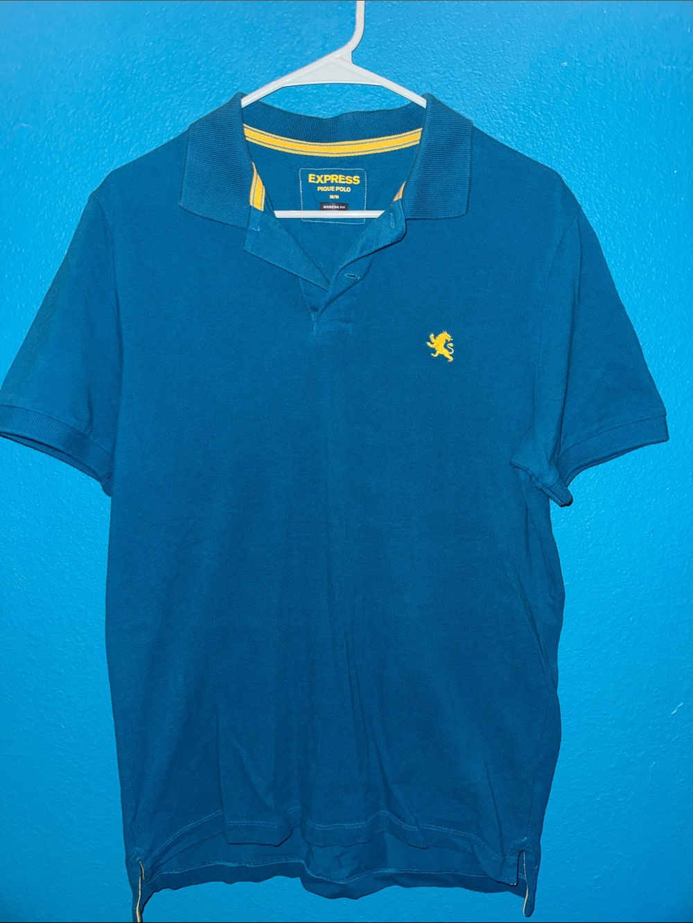 Express Men’s Teal Blue Polo with Yellow Logo Trim